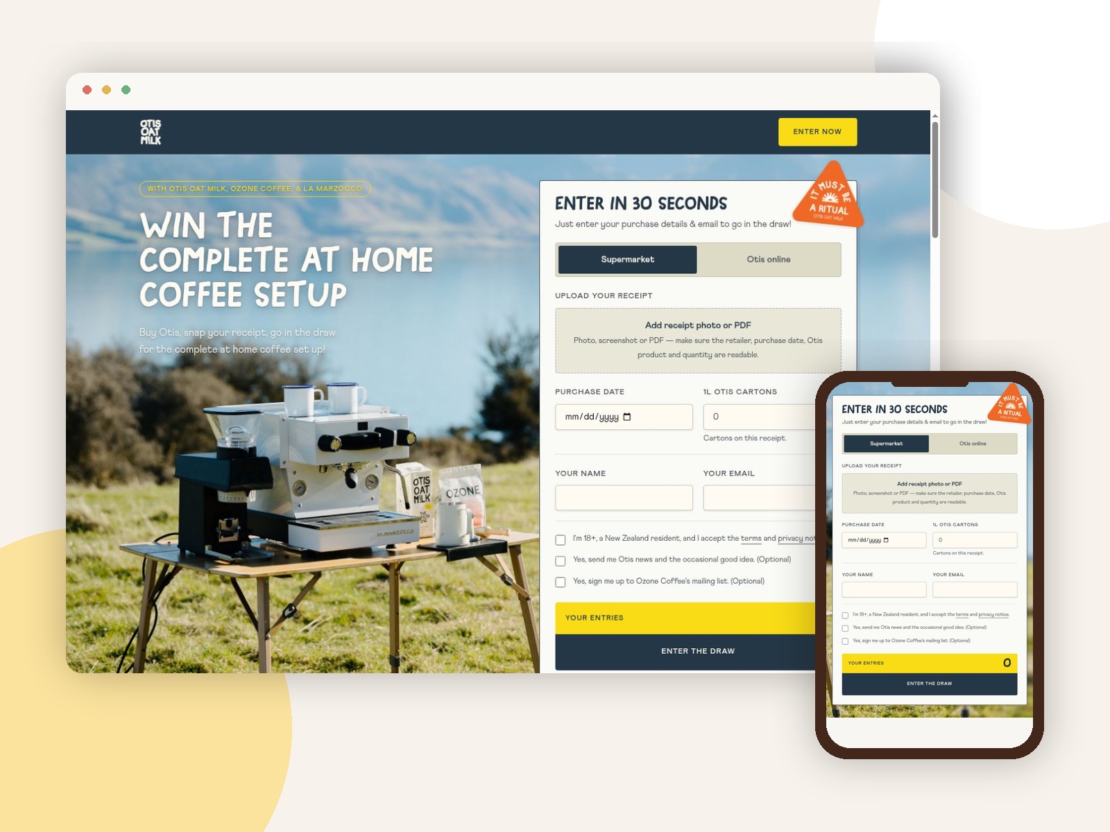 Otis Ritual Giveaway campaign platform shown on desktop and mobile